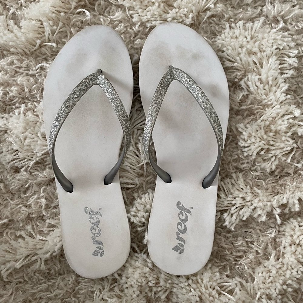 White and silver glitter Reef Stargazer flip flops